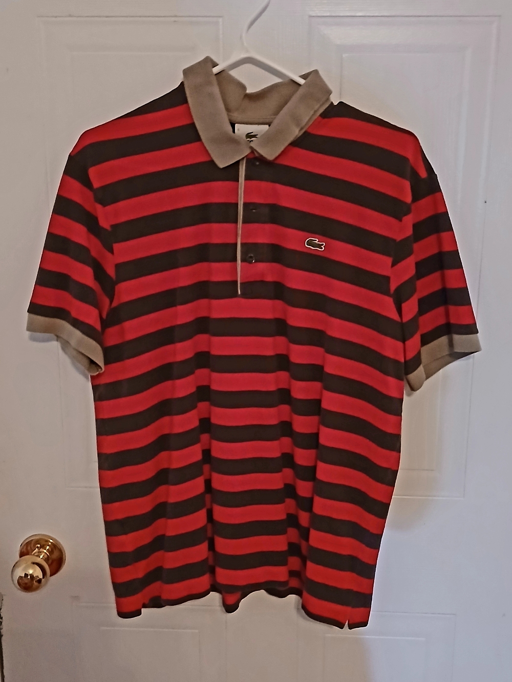 Lacoste Red and Black Striped Polo with Tan Collar